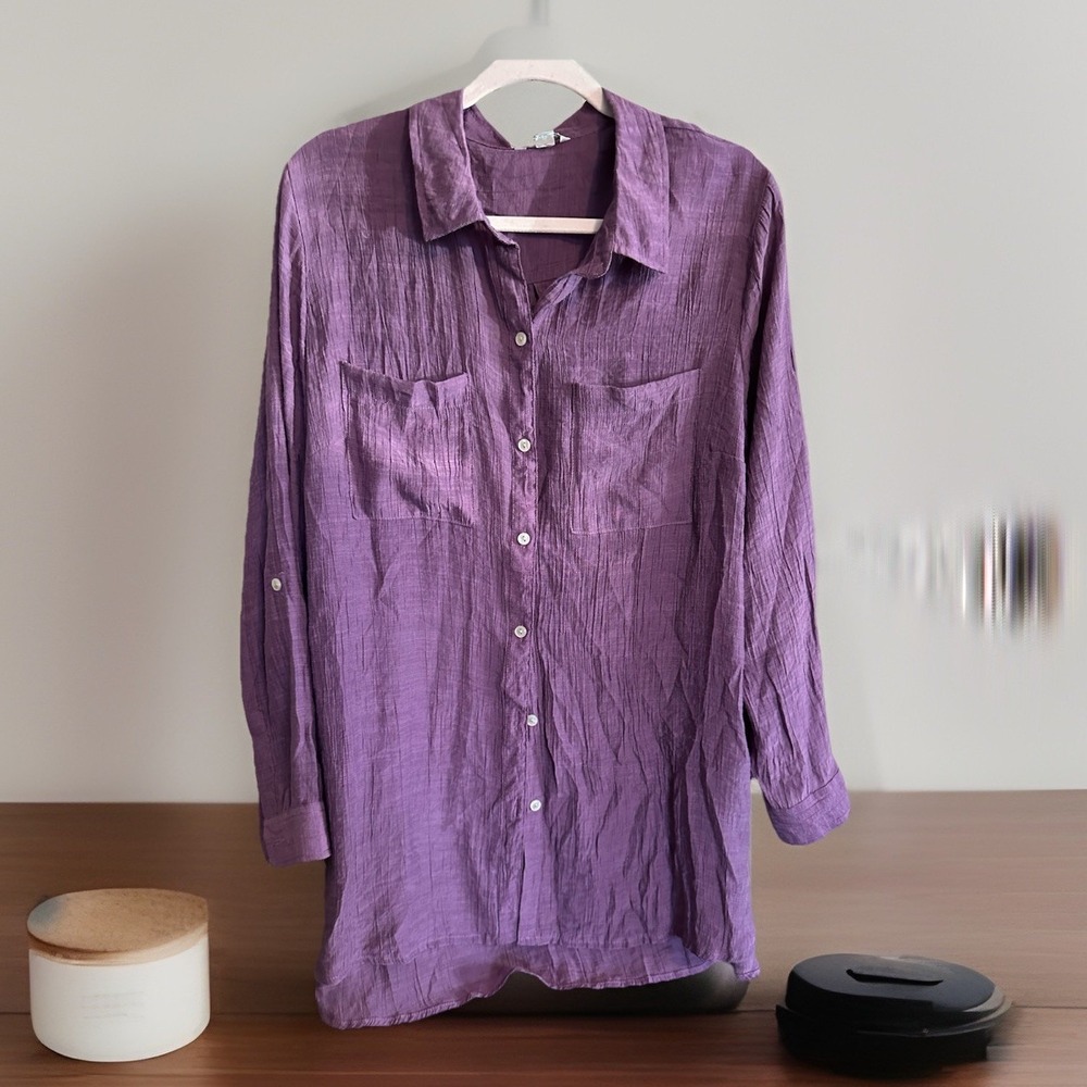 CATO Womens Linen Blend Tunic Top Plus Size Purple Button Down Roll Tab Sleeve